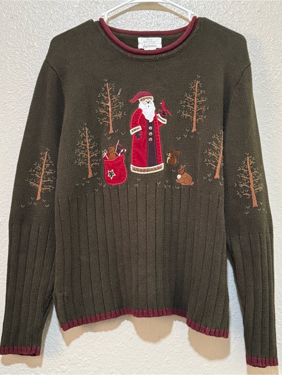 Christopher & Banks Sweaters - W Sz. Med Green Holiday Christmas Crew Sweater Santa Woodland Hand Embroidered